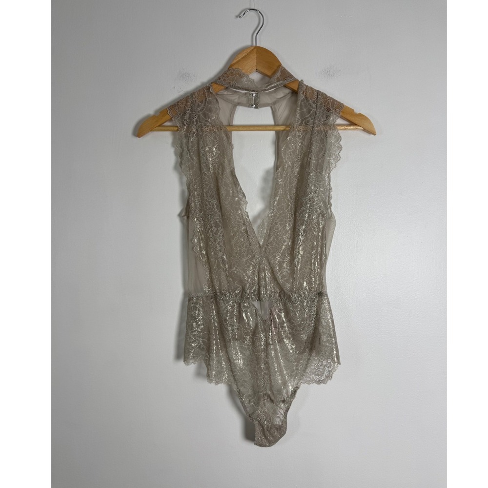 Romantic Victoria's Secret Medium Teddy Bodysuit Champagne Metallic Lace Plunge